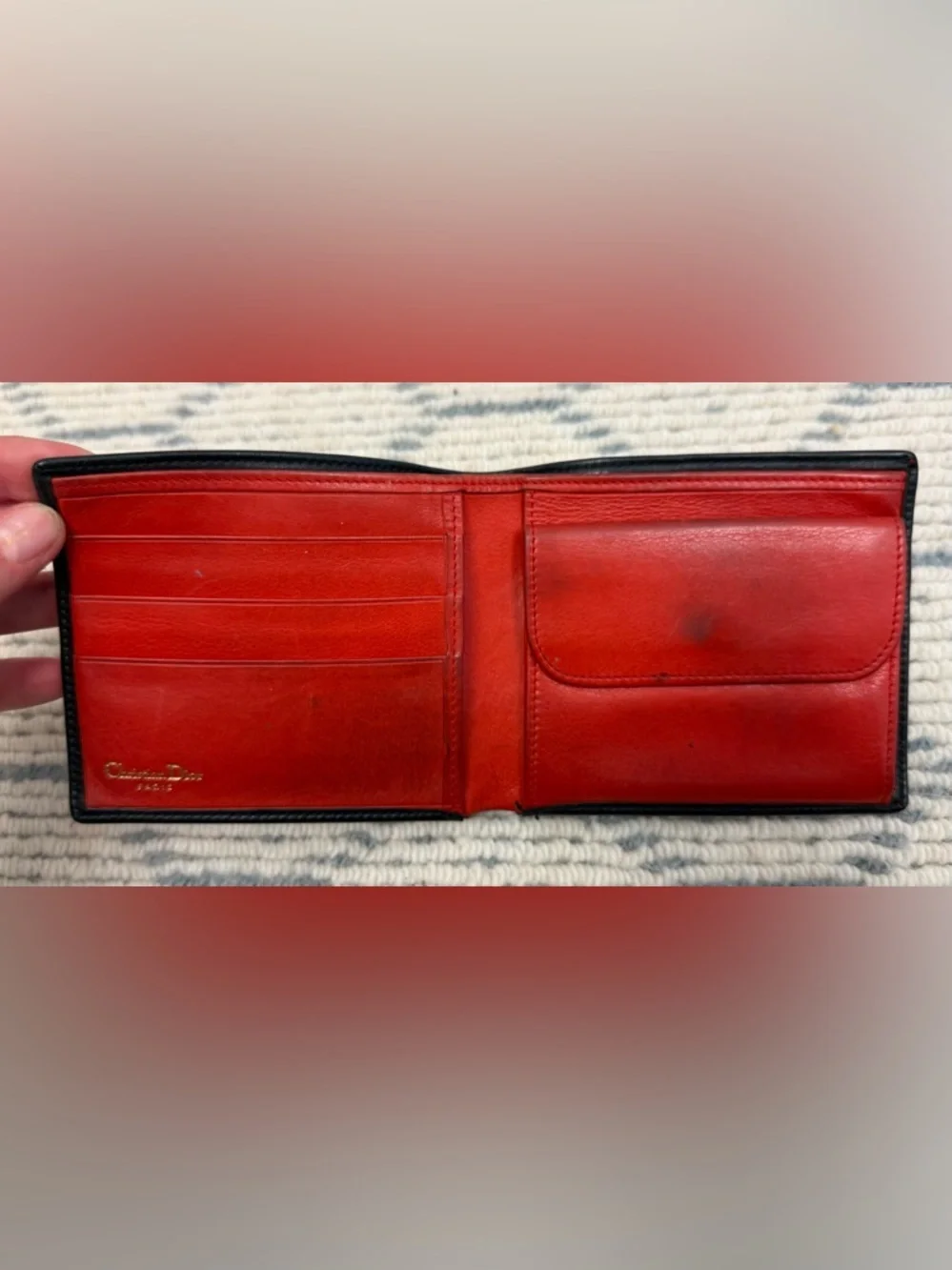 DIOR Vintage Rare Unisex Black Leather CD Logo Icon Bifold Wallet W/ Red Inside